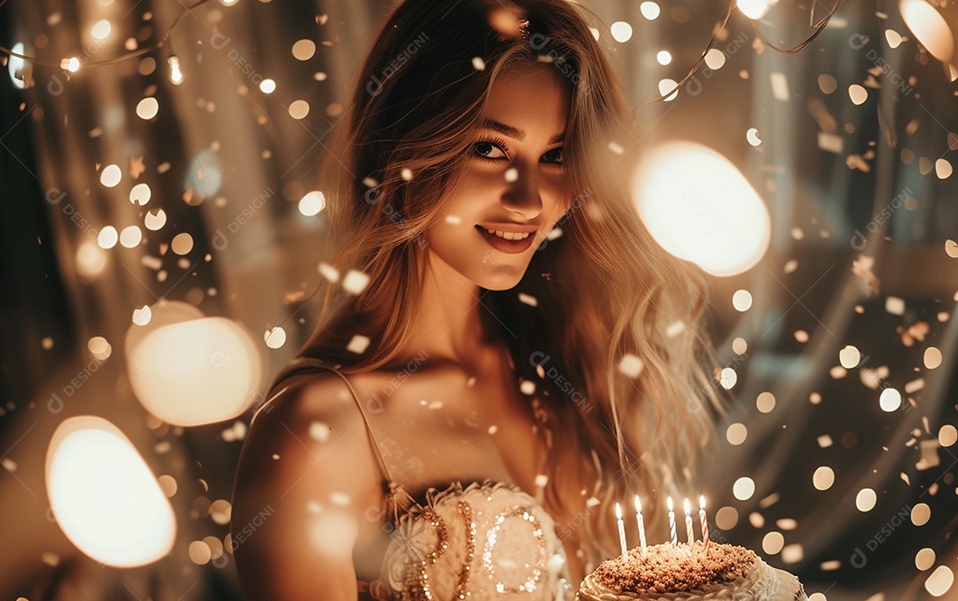 Mulher branca magra em roupa romântica posando com bolo de aniversário