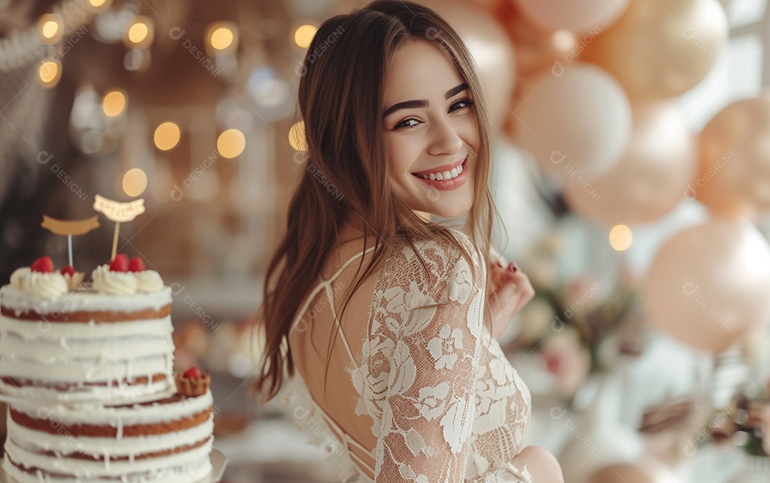 Mulher branca magra em roupa romântica posando com bolo de aniversário