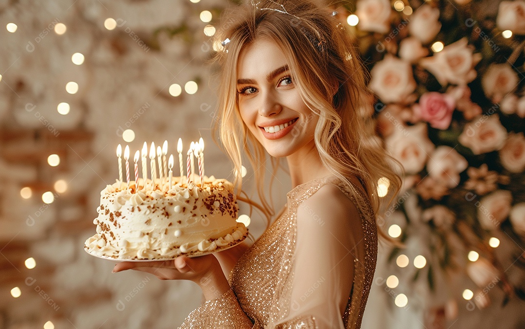 Mulher branca magra em roupa romântica posando com bolo de aniversário