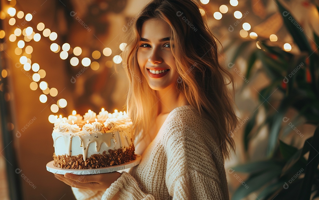Mulher branca magra em roupa romântica posando com bolo de aniversário