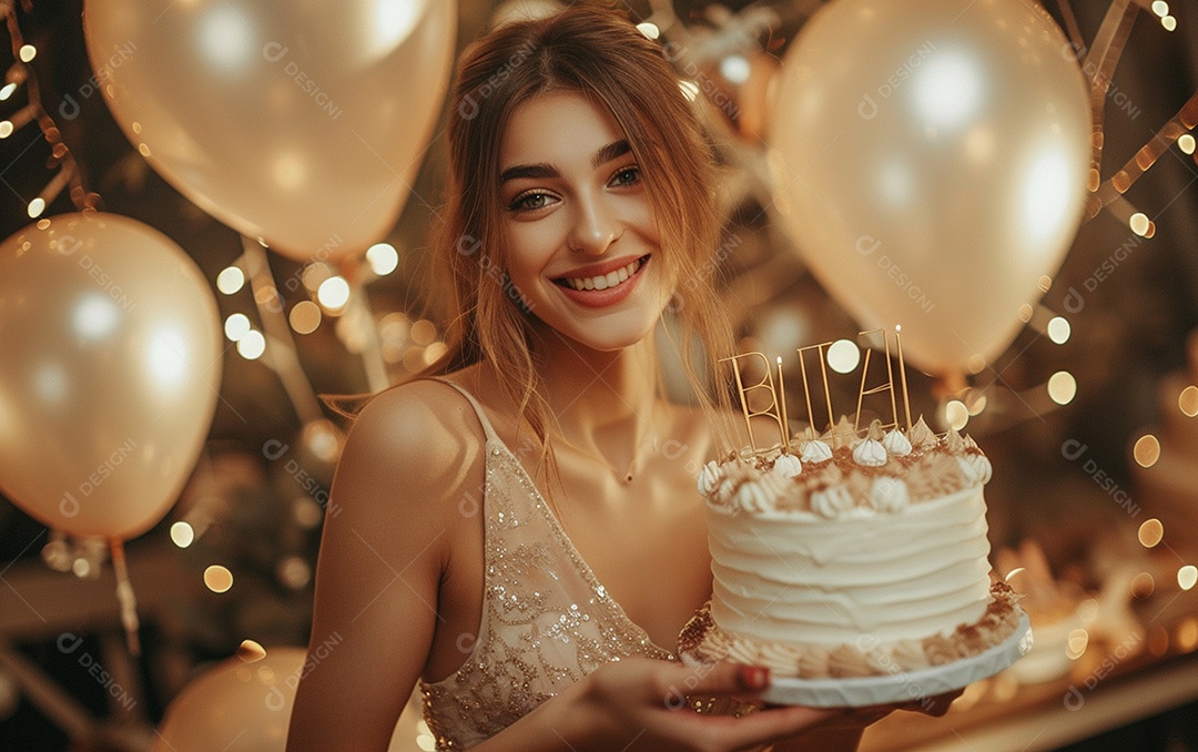 Mulher branca magra em roupa romântica posando com bolo de aniversário