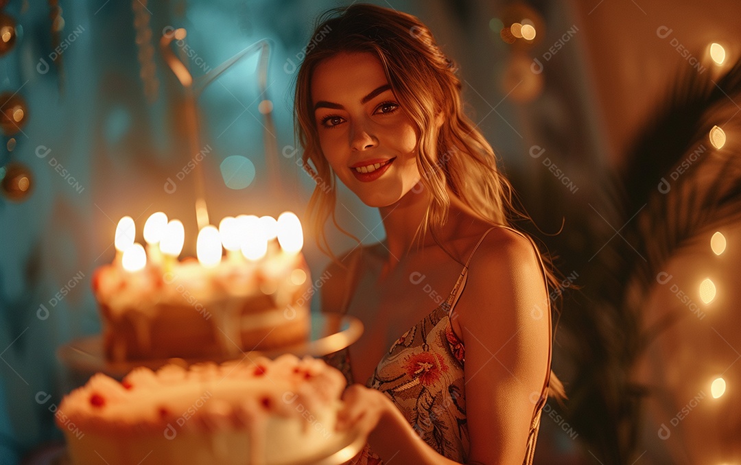 Mulher branca magra em roupa romântica posando com bolo de aniversário