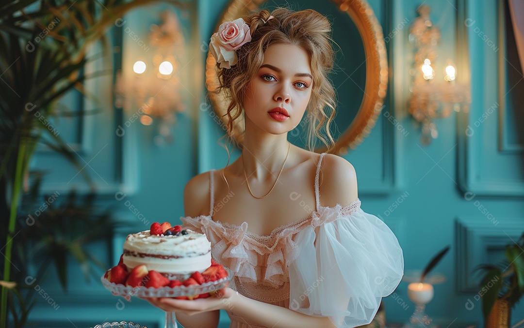 Mulher branca magra em roupa romântica posando com bolo de aniversário