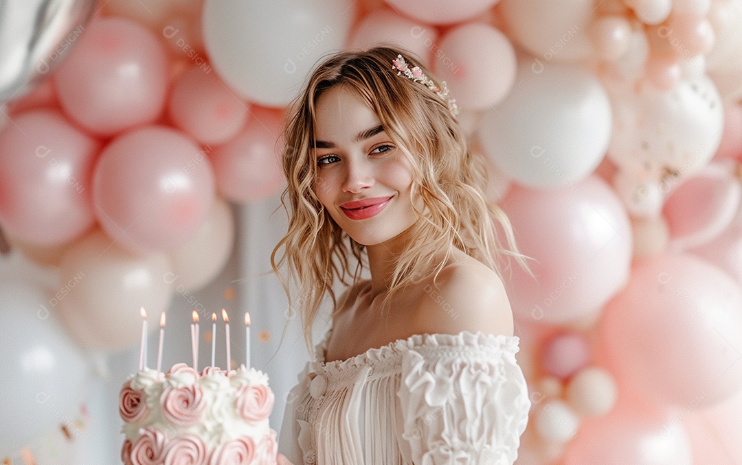Mulher branca magra em roupa romântica posando com bolo de aniversário