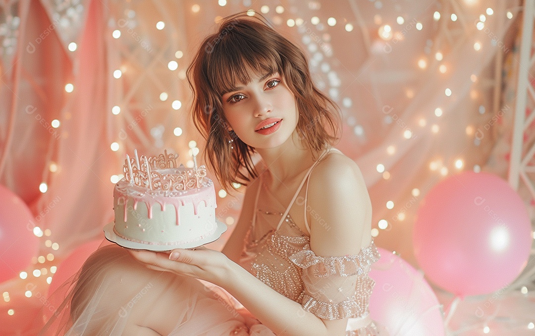 Mulher branca magra em roupa romântica posando com bolo de aniversário