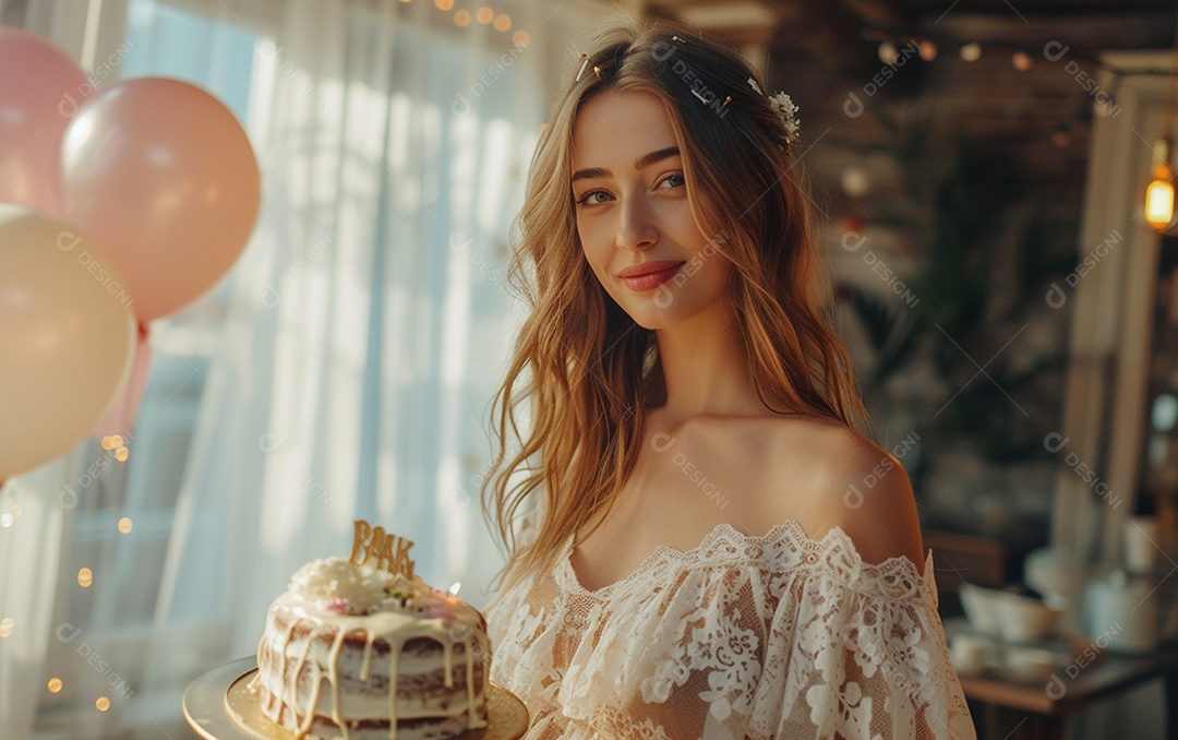 Mulher branca magra em roupa romântica posando com bolo de aniversário