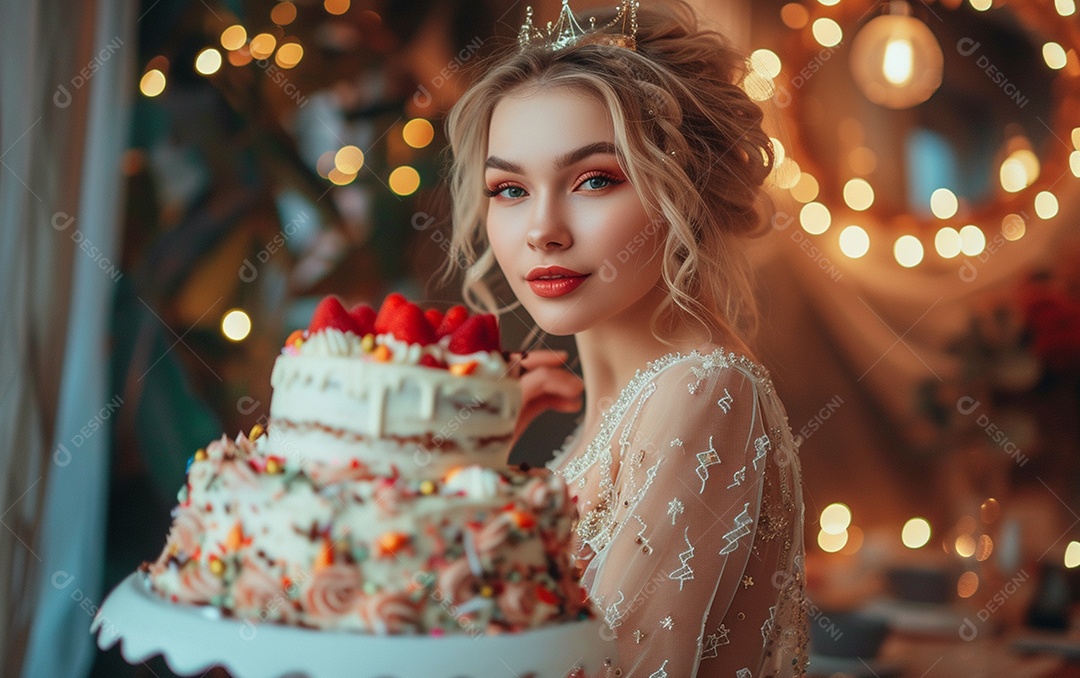 Mulher branca magra em roupa romântica posando com bolo de aniversário142