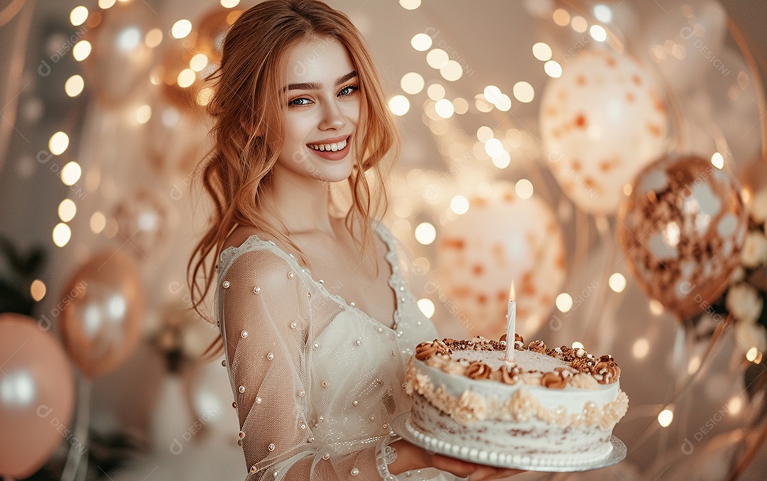 Mulher branca magra em roupa romântica posando com bolo de aniversário