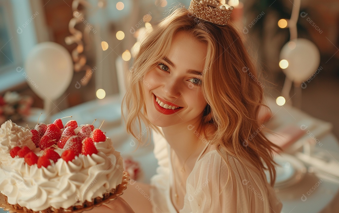 Mulher branca magra em roupa romântica posando com bolo de aniversário