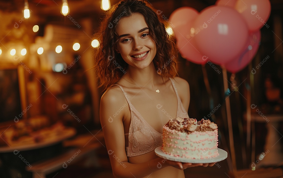 Mulher branca magra em roupa romântica posando com bolo de aniversário