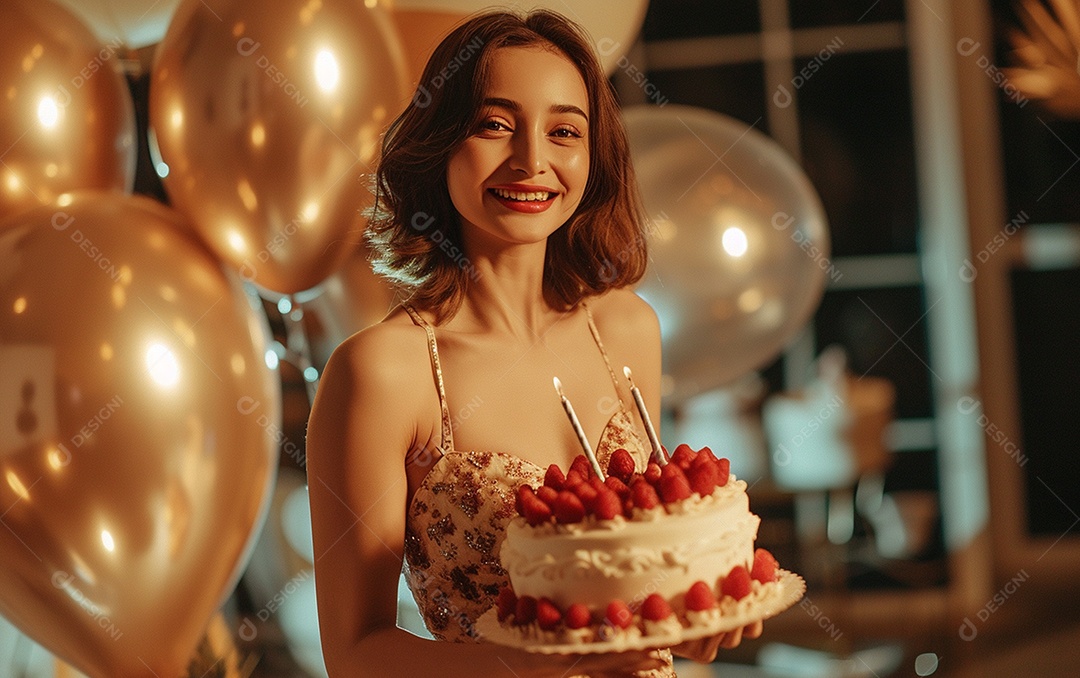 Mulher branca magra em roupa romântica posando com bolo de aniversário