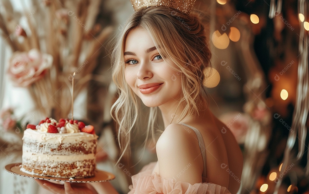 Mulher branca magra em roupa romântica posando com bolo de aniversário