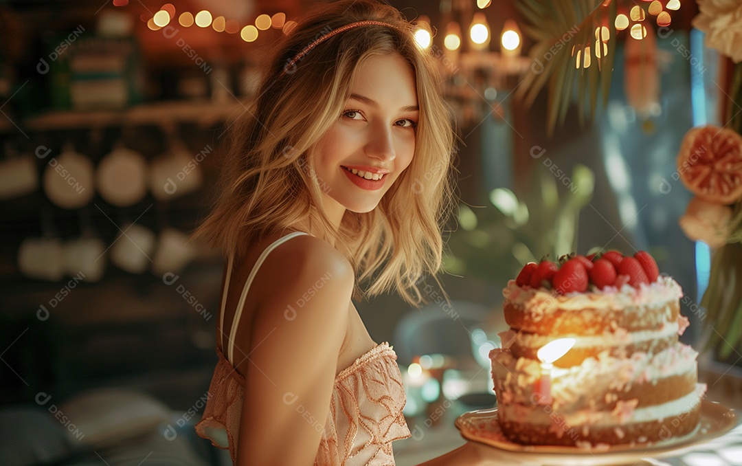 Mulher branca magra em roupa romântica posando com bolo de aniversário