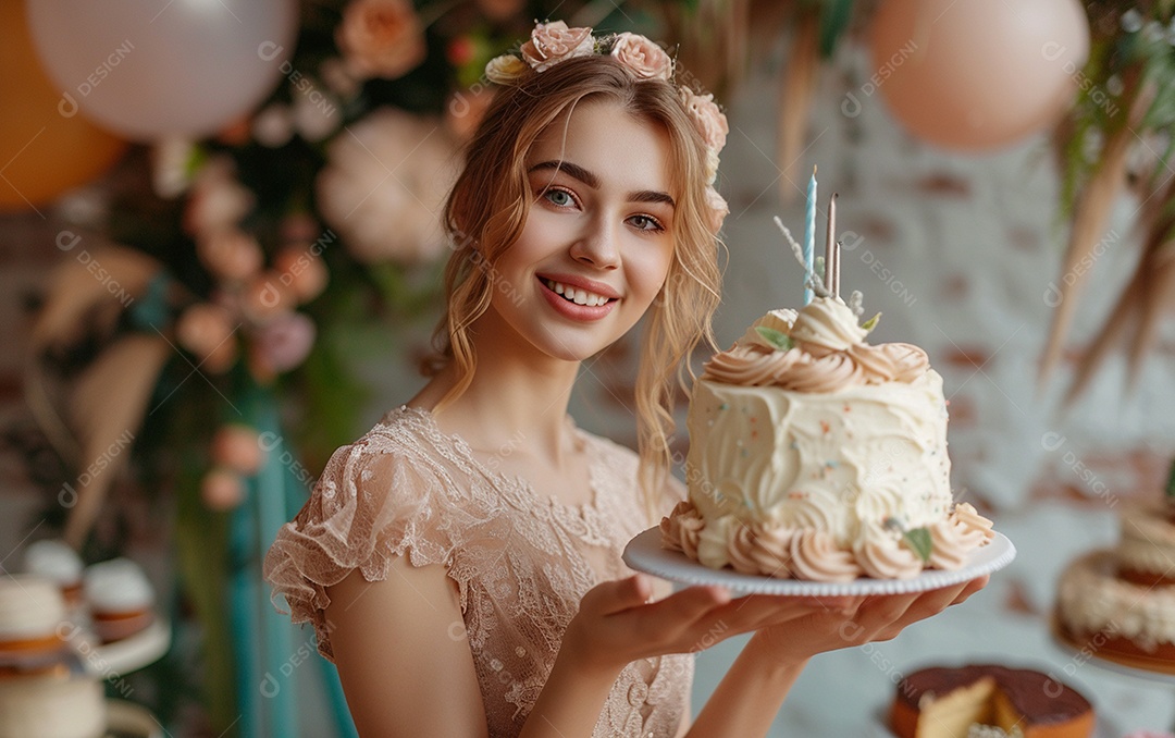 Mulher branca magra em roupa romântica posando com bolo de aniversário