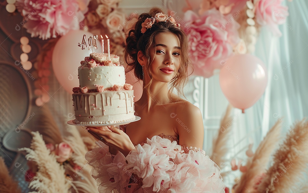 Mulher branca magra em roupa romântica posando com bolo de aniversário