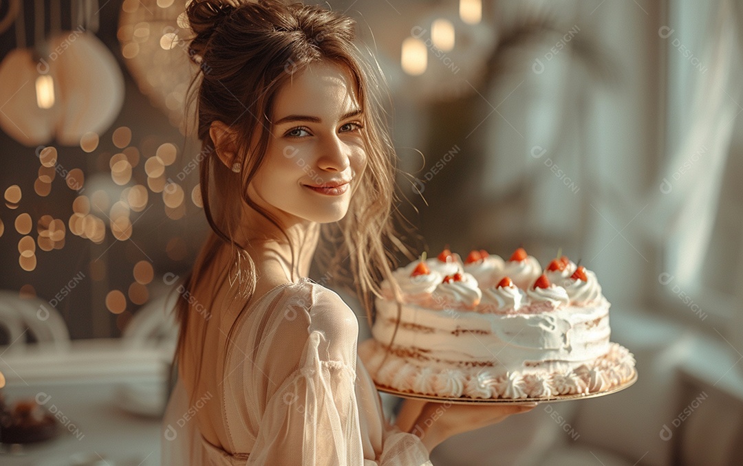 Mulher branca magra em roupa romântica posando com bolo de aniversário