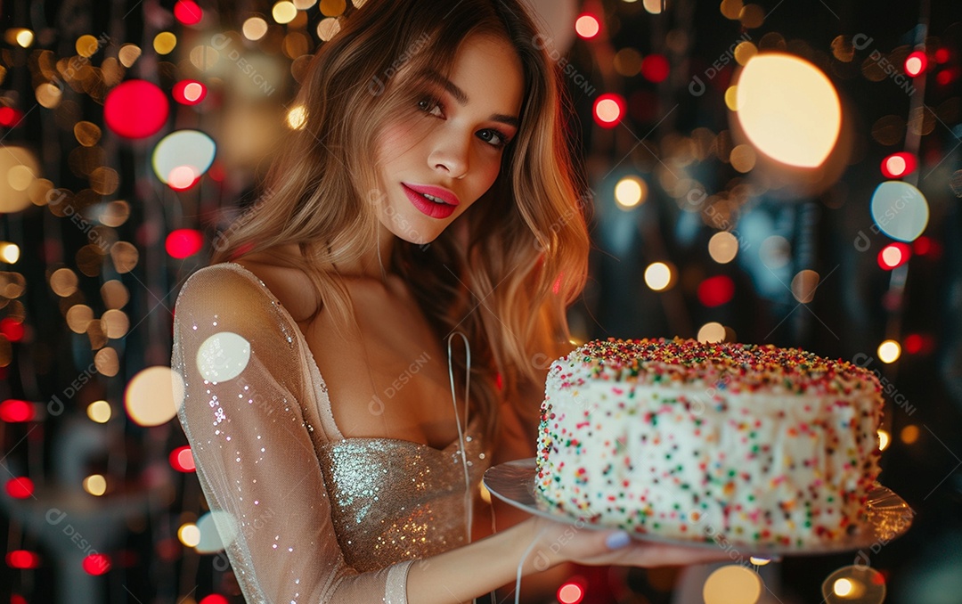 Mulher branca magra em roupa romântica posando com bolo de aniversário
