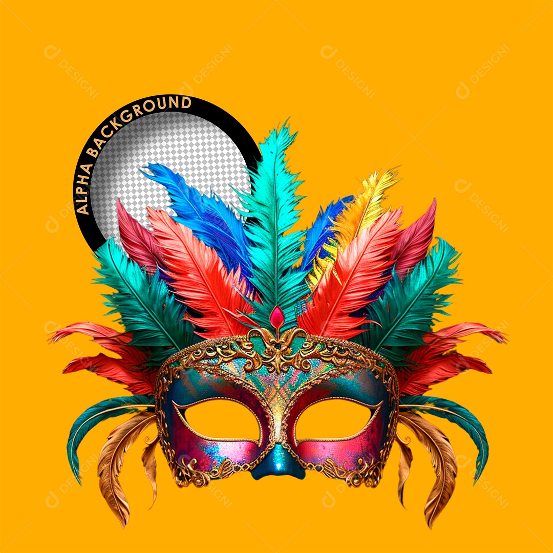 Elemento 3D Máscara Colorida com penas de Carnaval para Composição PSD