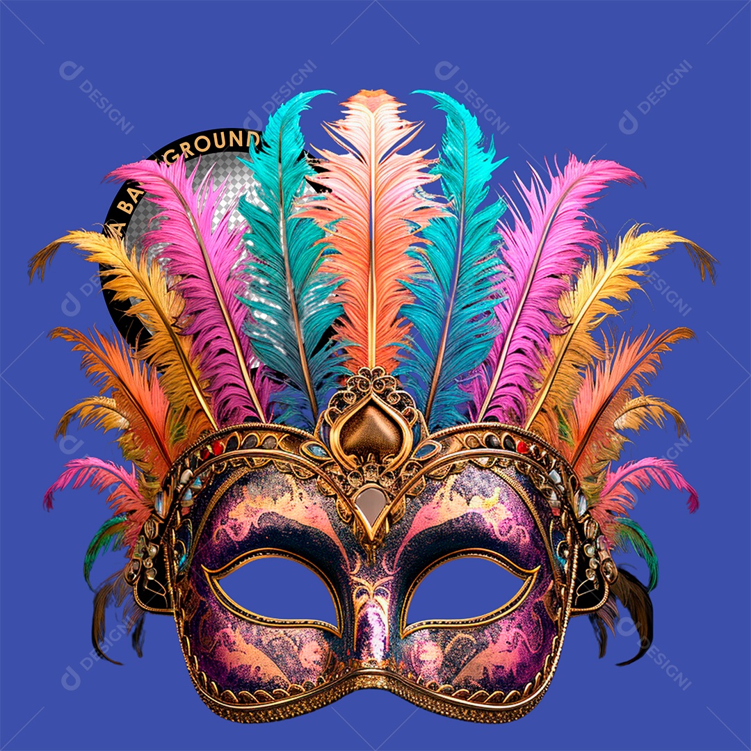 Elemento 3D Máscara Colorida com penas de Carnaval para Composição PSD