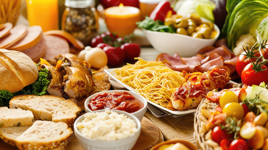 Composição com variedade de produtos alimentícios italianos na mesa