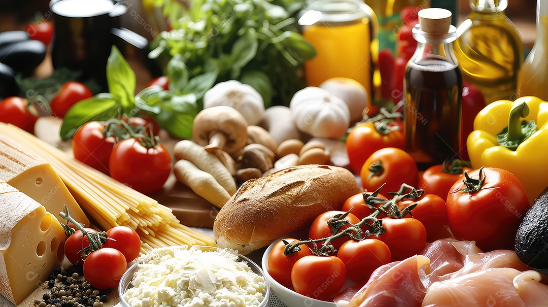 Composição com variedade de produtos alimentícios italianos na mesa