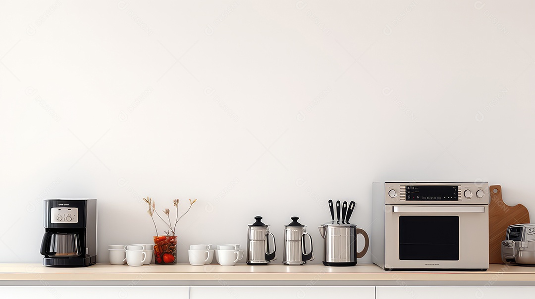 Renderização 3D de cozinha moderna com fogão forno e xícara de café