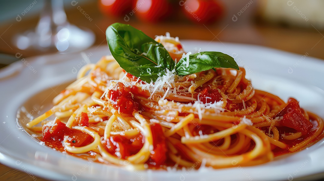 Espaguete com molho de tomate e queijo parmesão em prato branco