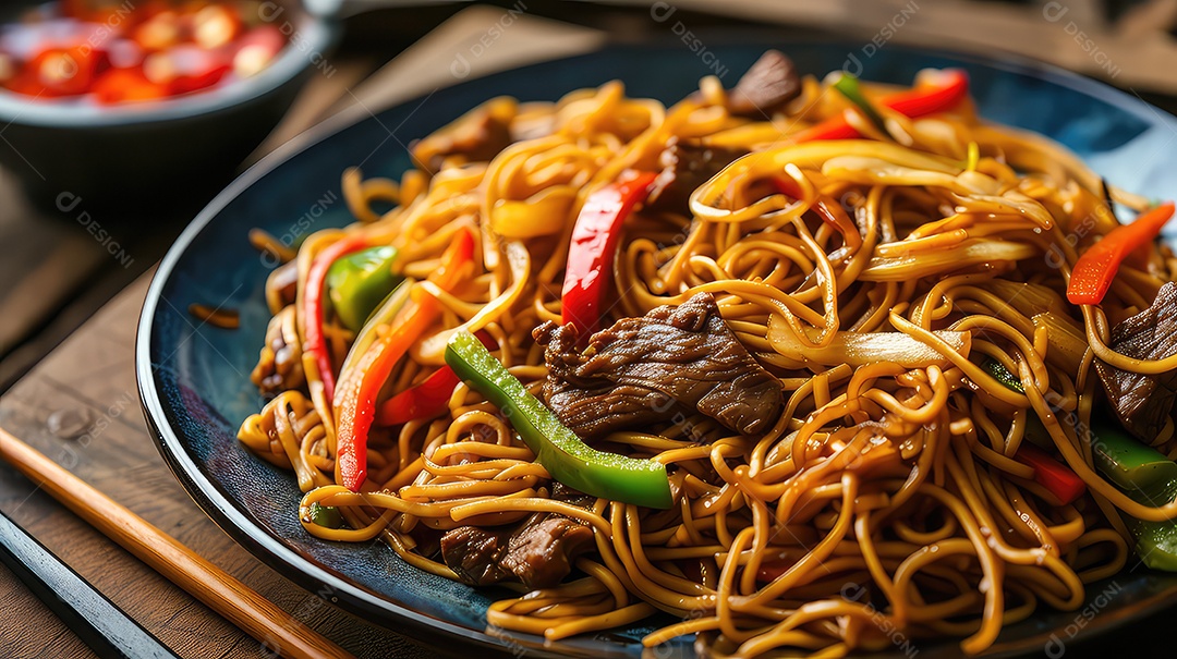 Macarrão frito com carne e vegetais em mesa de madeira