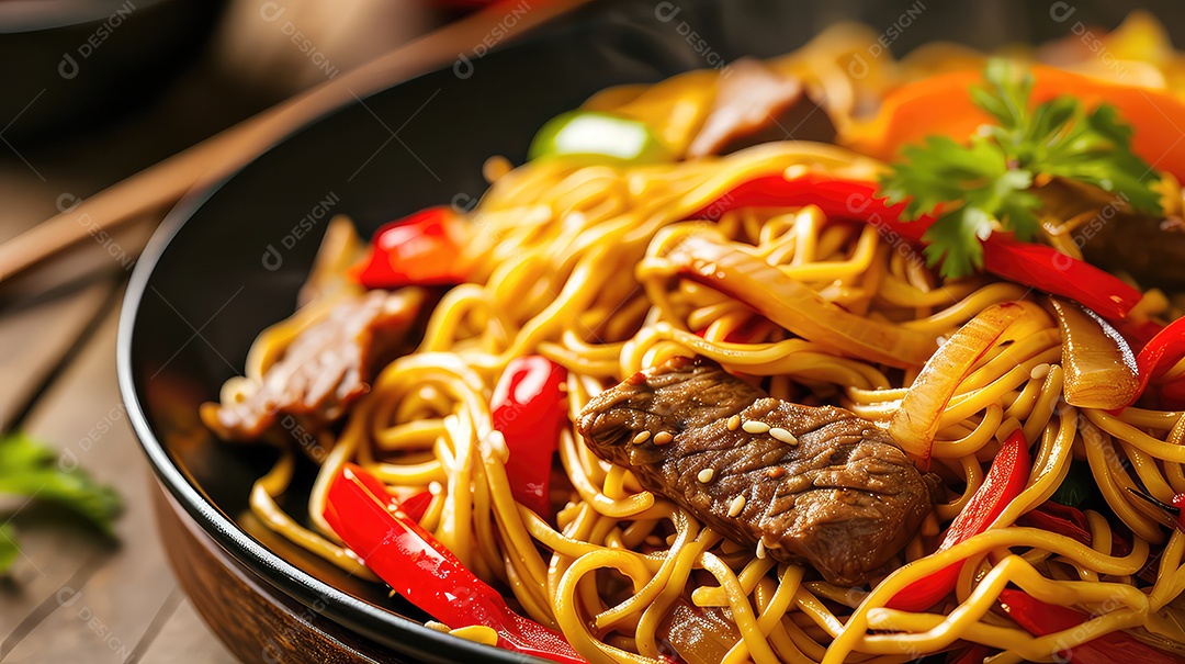 Macarrão frito com carne e vegetais em mesa de madeira