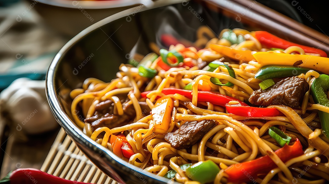 Macarrão frito com carne e vegetais em mesa de madeira