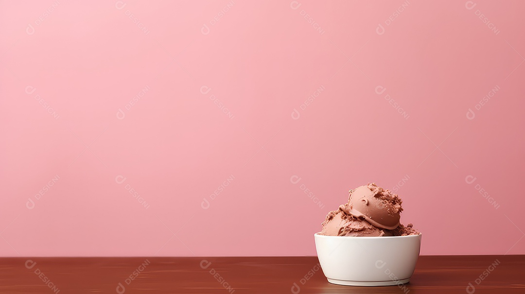 Sorvete de chocolate em uma tigela branca sobre uma mesa de madeira