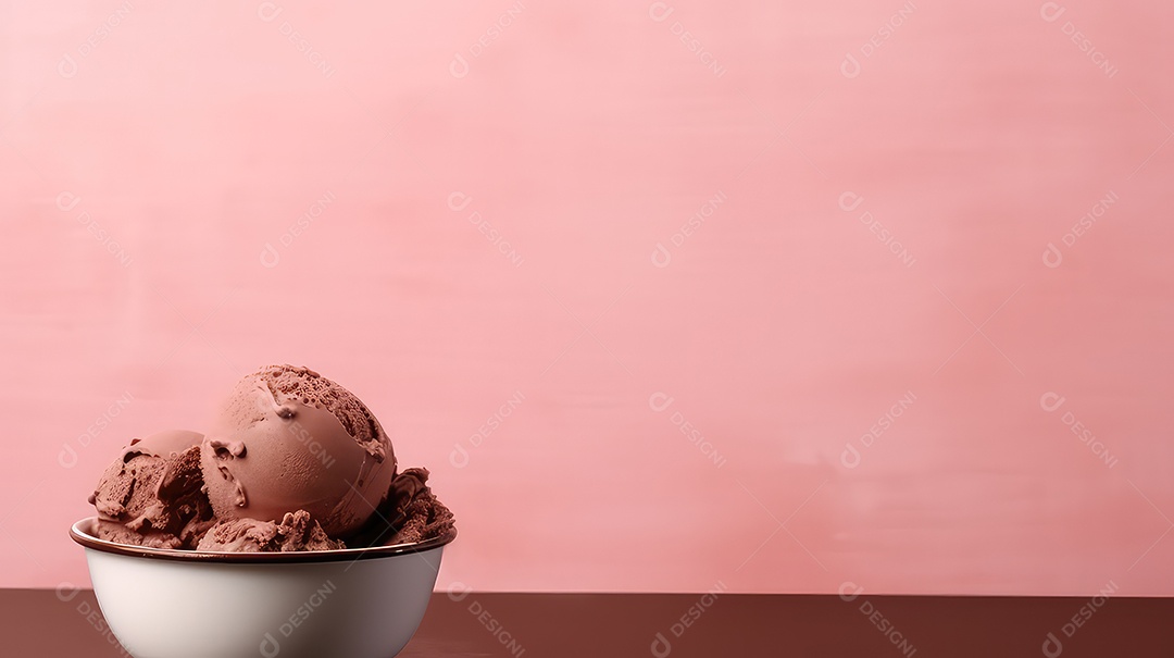 Sorvete de chocolate em uma tigela branca sobre uma mesa de madeira