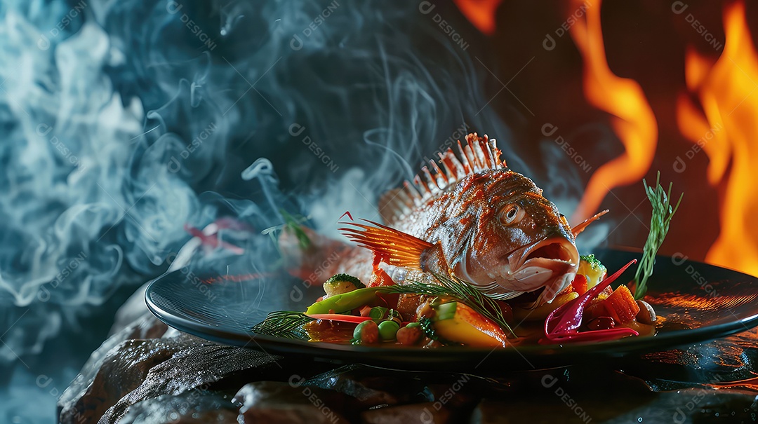 Peixe grelhado com legumes e fumaça em um prato preto sobre fundo escuro