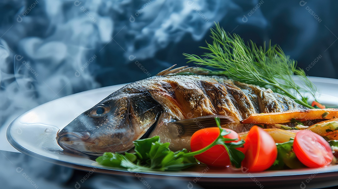Peixe grelhado com legumes e ervas em um prato sobre fundo escuro