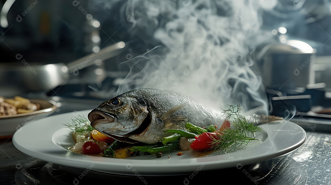 Peixe grelhado com legumes e fumaça em um prato preto sobre fundo escuro