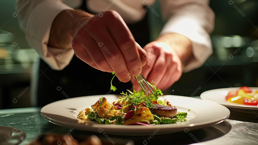Chef preparando salada na cozinha do restaurante