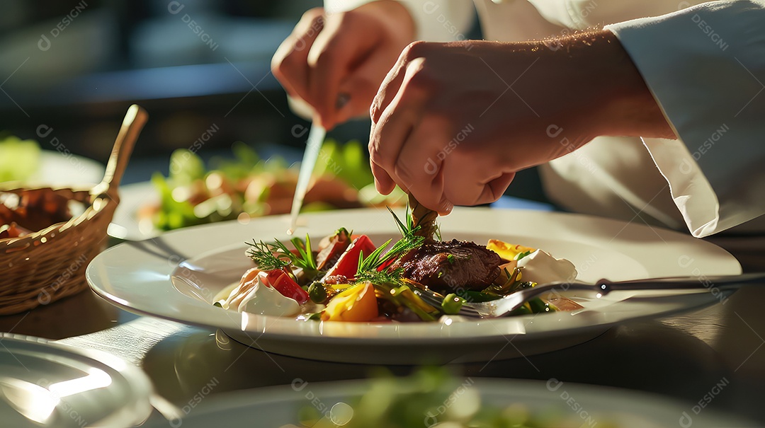 Mãos de um chef decorando um prato em um restaurante
