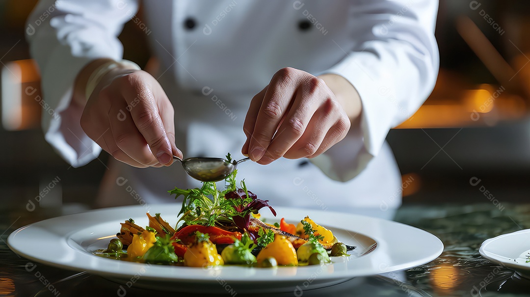 Chef preparando salada na cozinha do restaurante