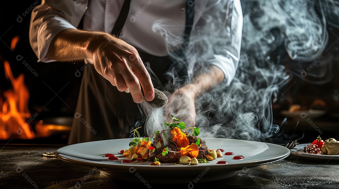 Mãos masculinas preparando comida salada na cozinha do restaurante