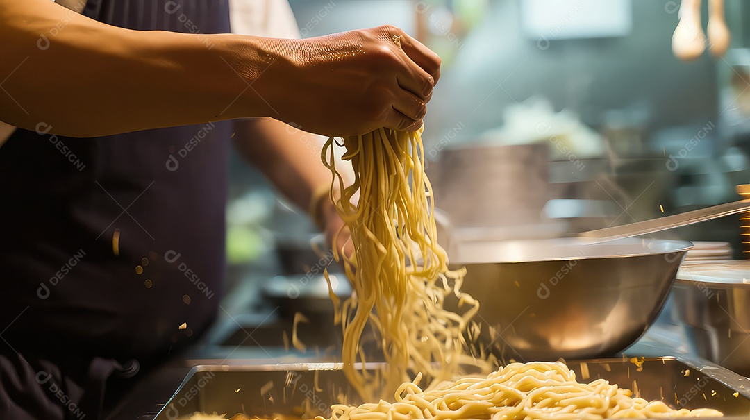Chef cozinhando macarrão japonês na cozinha de um restaurante