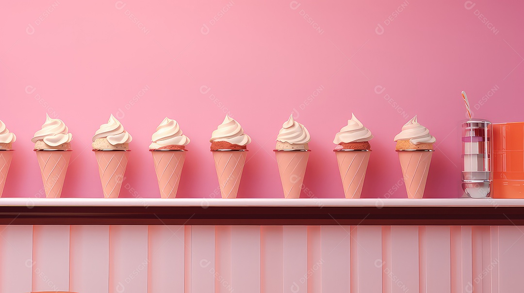 Renderização 3D de sorvete em casquinha de waffle em fundo de parede rosa