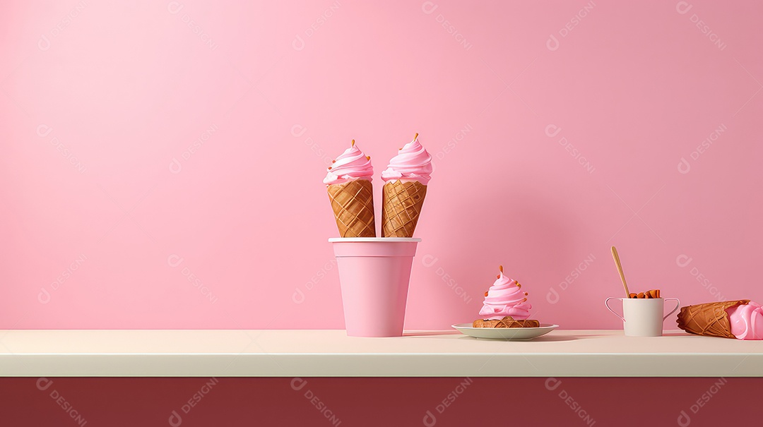 Sorvete em casquinha de waffle em parede rosa ilustração 3D