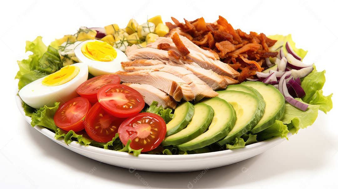 Salada saudável com frango e legumes isolada em fundo branco