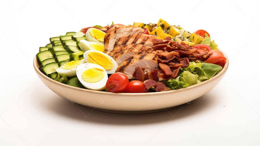 Salada saudável com filé de frango tomate abacate e ovos