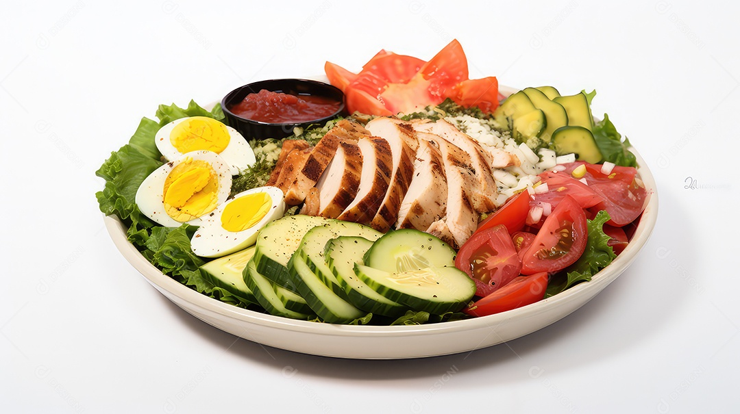 Salada saudável com frango e legumes isolada em fundo branco