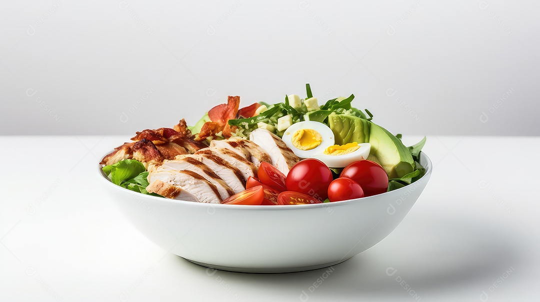 Salada com frango ovos abacate e tomate em fundo branco