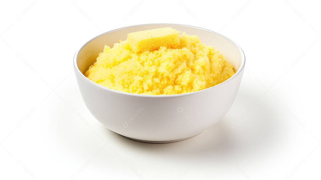 Tigela de mingau de milho amarelo isolada no fundo branco