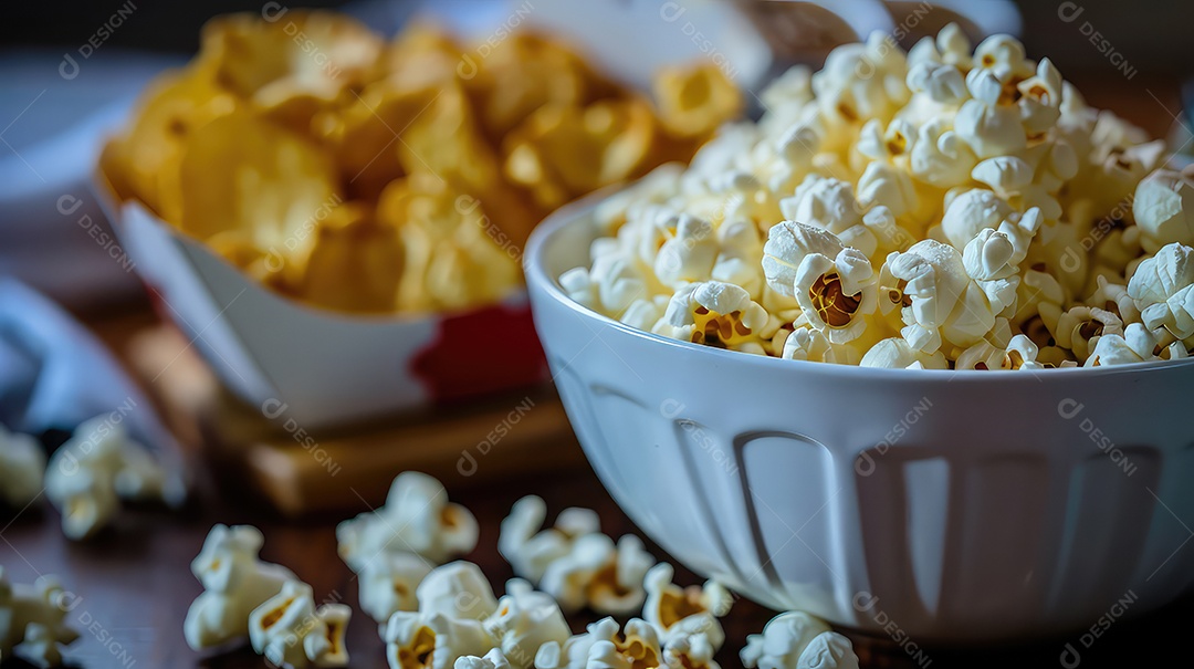 Pipoca em uma tigela sobre uma mesa de madeira