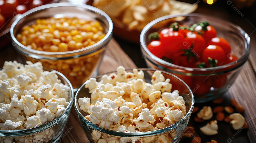 Pipoca tomate e queijo em tigelas de vidro sobre mesa de madeira