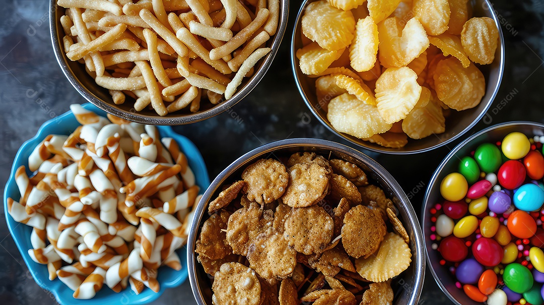 Variedade de petiscos em tigelas sobre fundo escuro